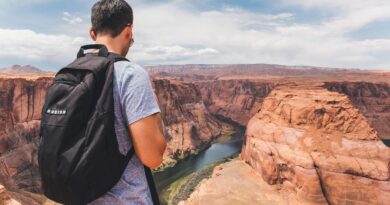 backpacker, grand canyon, horseshoe bend, gorge, backpacking, adventure, arid, canyon, cliff, desert, erosion, geology, landscape, outdoors, remote, rock, sandstone, scenic, travel, valley, man, hike, nature, hiker, trek, backpack